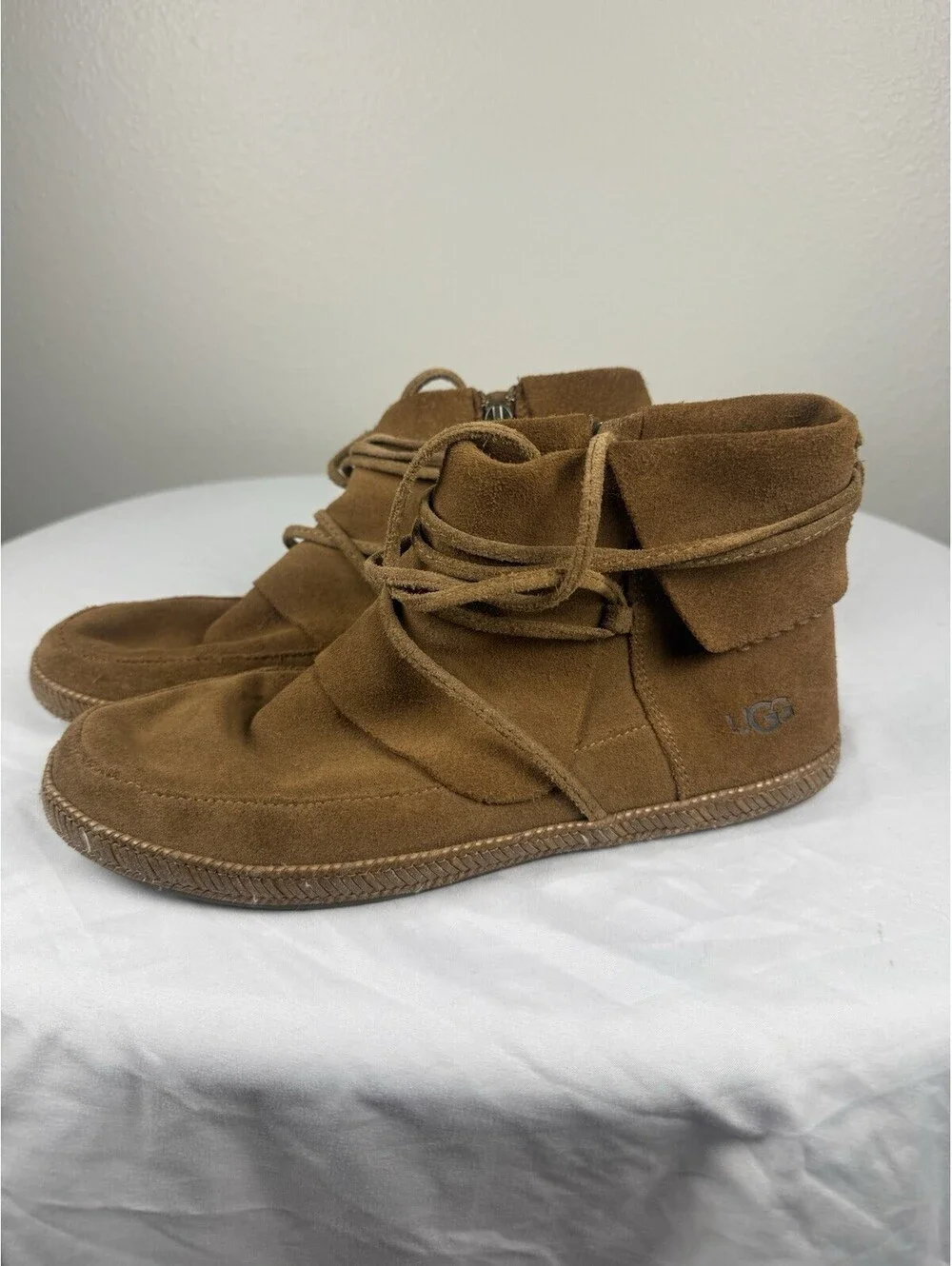UGG Reid 1019129 Womens 8 Chestnut Suede Ankle Boots Wrap Lace Moccasin Zip